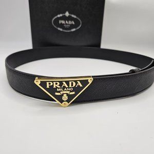 Luxurious Prada black leather belt with signature buckle